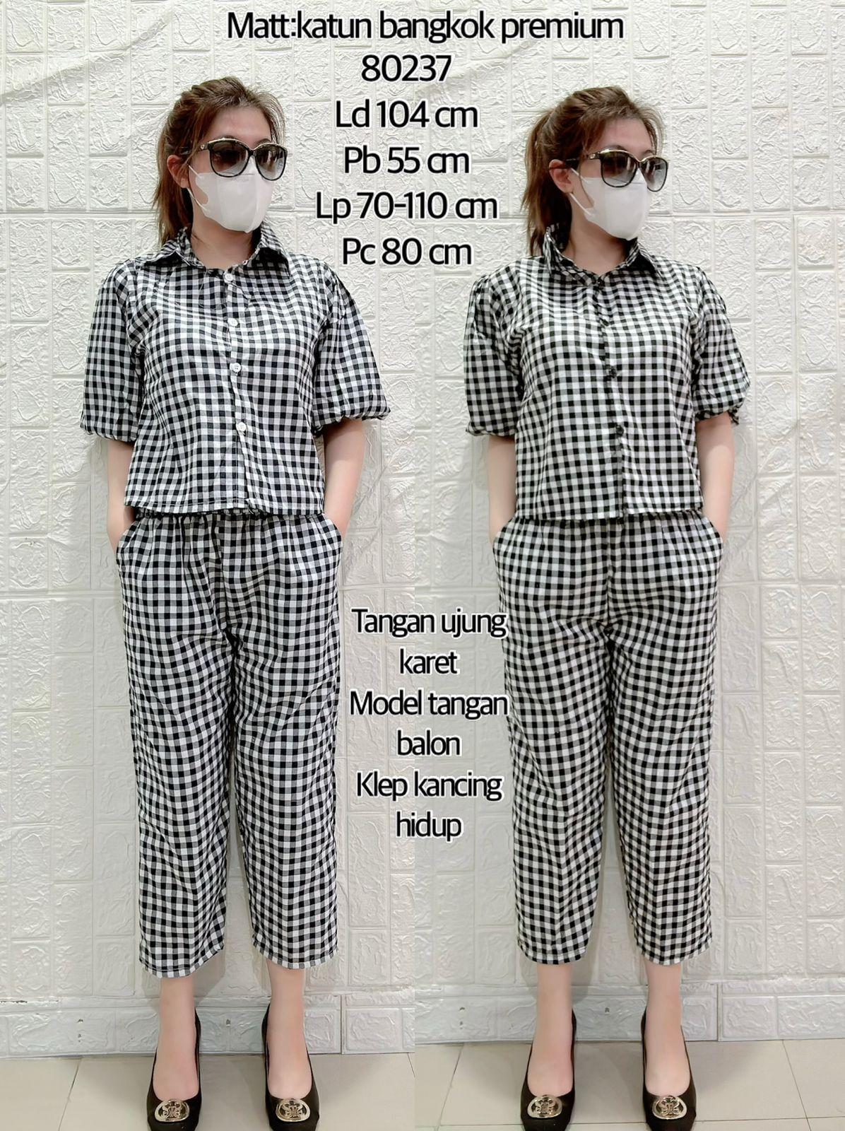 80237 / Stelan Set Wanita Jumbo / Set Piyama Katun Bangkok xBelle / Setelan Cotton Kotak-kotak Kancing Depan / Setelan Balloon Arm Hitam Putih / Set Tangan Balon Premium
