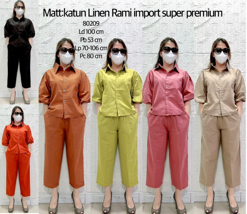 80209 / Stelan Set Wanita / Set Piyama Katun Linen Import xBelle / Setelan Kemeja V-Neck Polos xBelle / Plain Setelan Set Lengan Pendek Tangan Balon Celana Panjang Premium